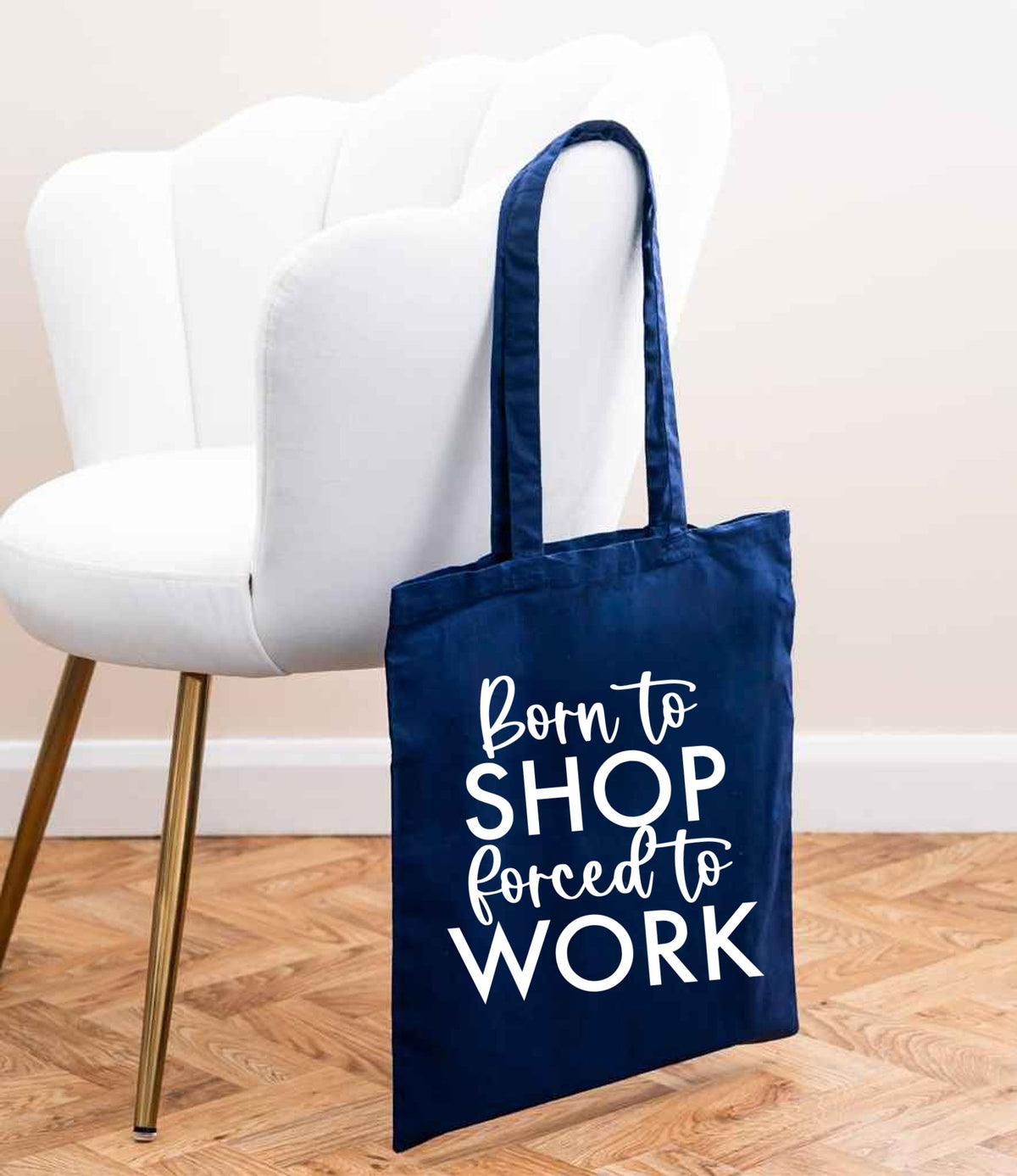 Borntoshopforcedtowork tote bag in navy