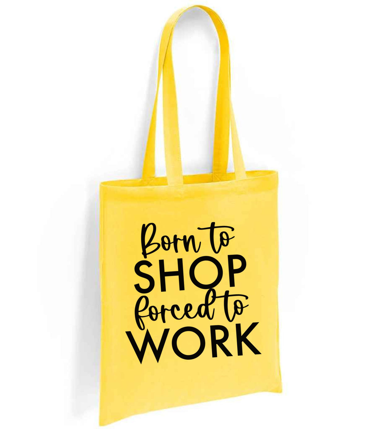 Borntoshopforcedtowork tote bag in yellow
