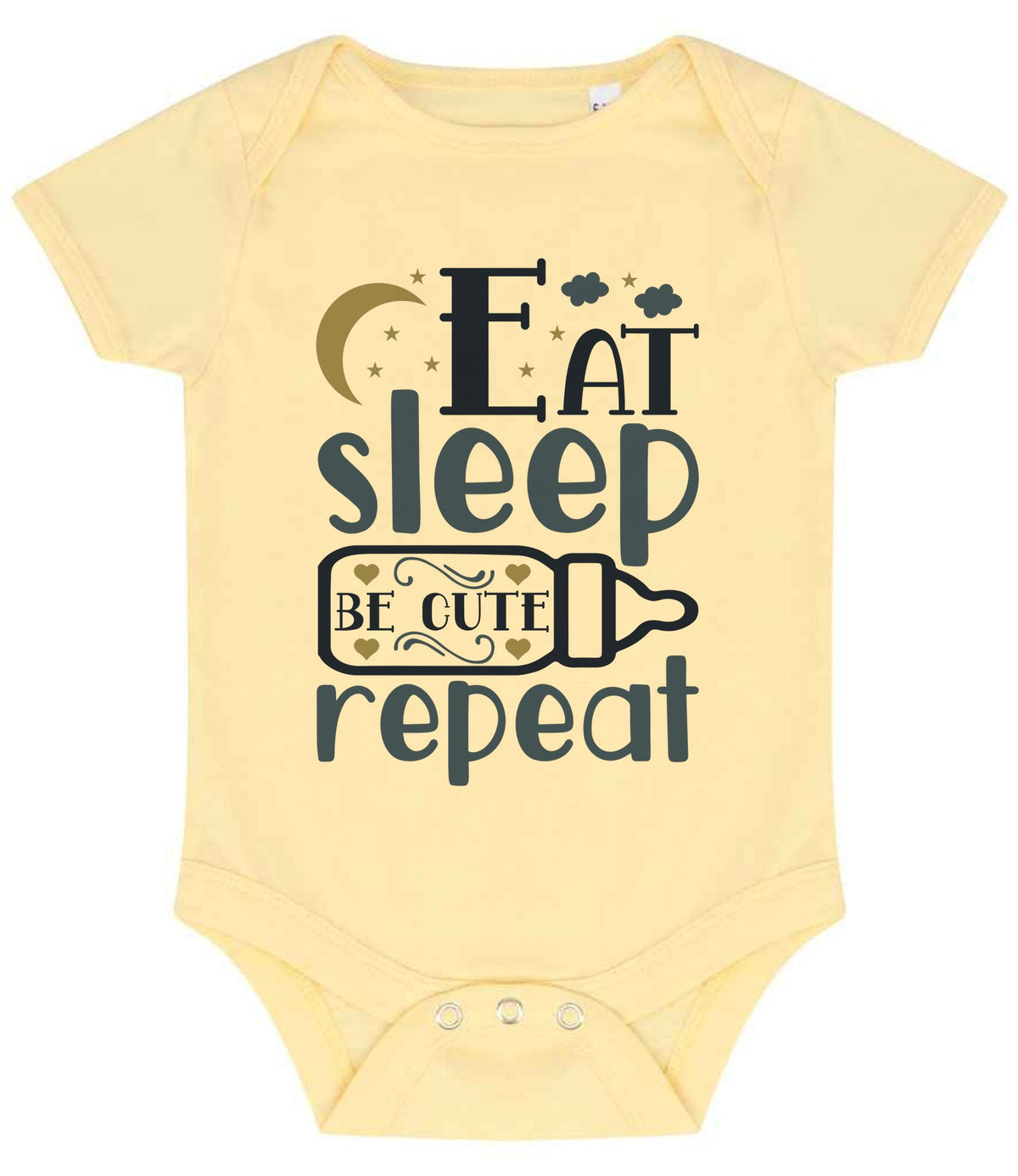 Eat Sleep BE CUTE Repeat baby bodysuit in pale yellow