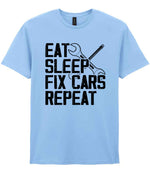 EAT SLEEP FIX CARS Repeat t-shirt in light blue