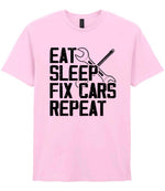 EAT SLEEP FIX CARS Repeat t-shirt in light pink