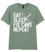 EAT SLEEP FIX CARS Repeat t-shirt in sage