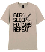 EAT SLEEP FIX CARS Repeat t-shirt in sand