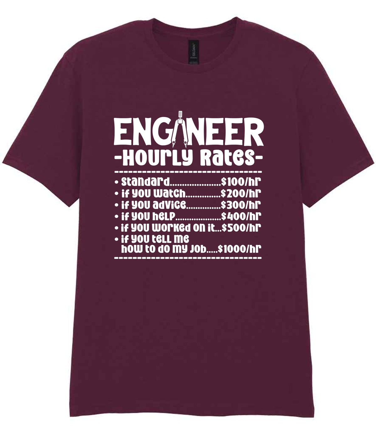Engineer Hourly Rates t-shirt in maroon