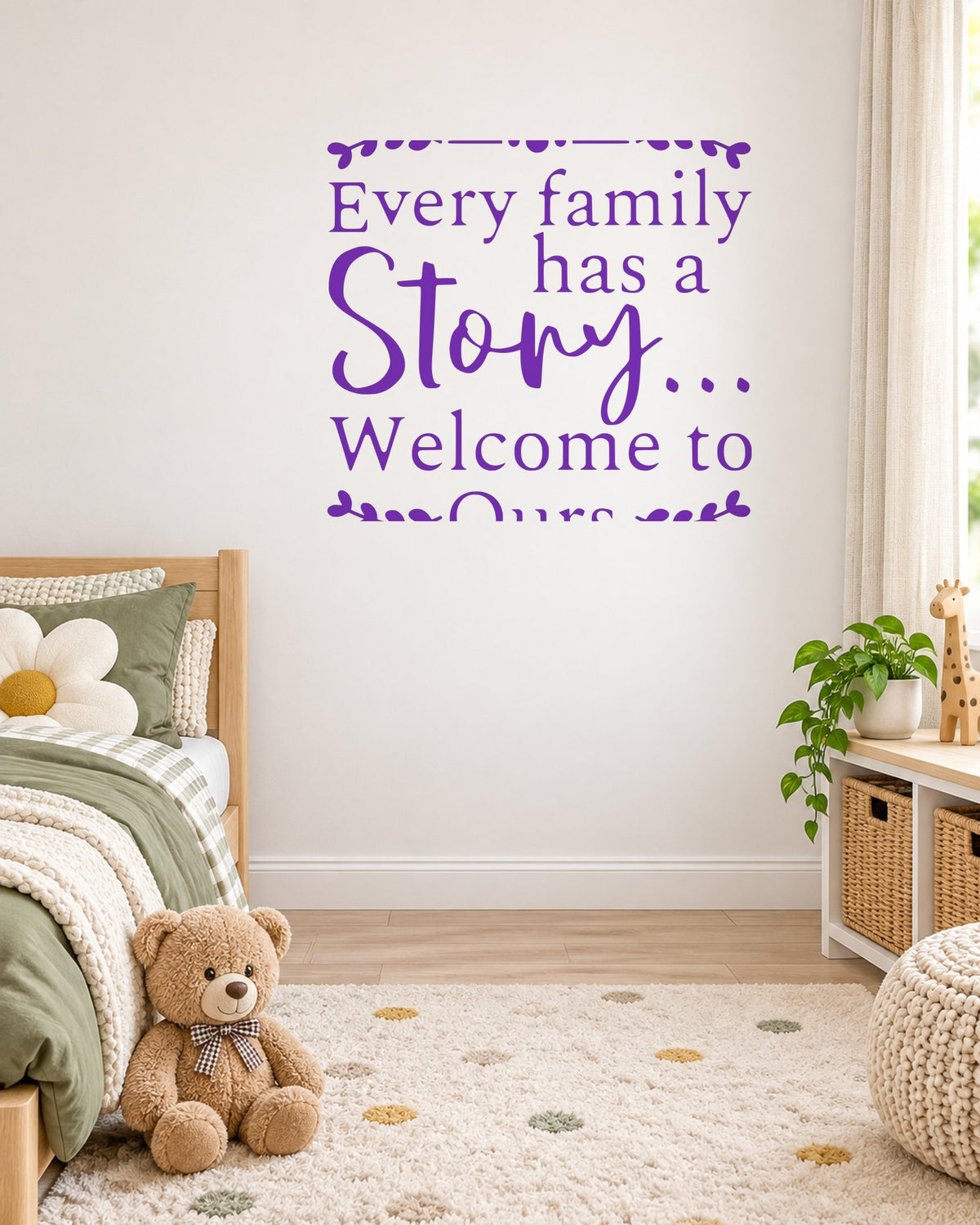 Every Family Has a Story... Welcome to Ours. – Wall Sticker in Light Wall with Purple vinyl
