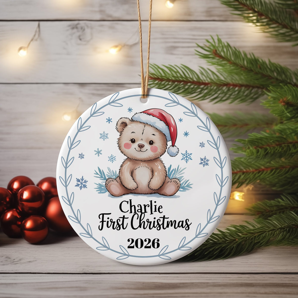 First Christmas Bear – Ceramic Hanging Decoration, personalised with your own text