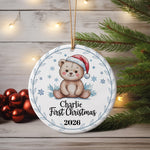 First Christmas Bear – Ceramic Hanging Decoration, personalised with your own text