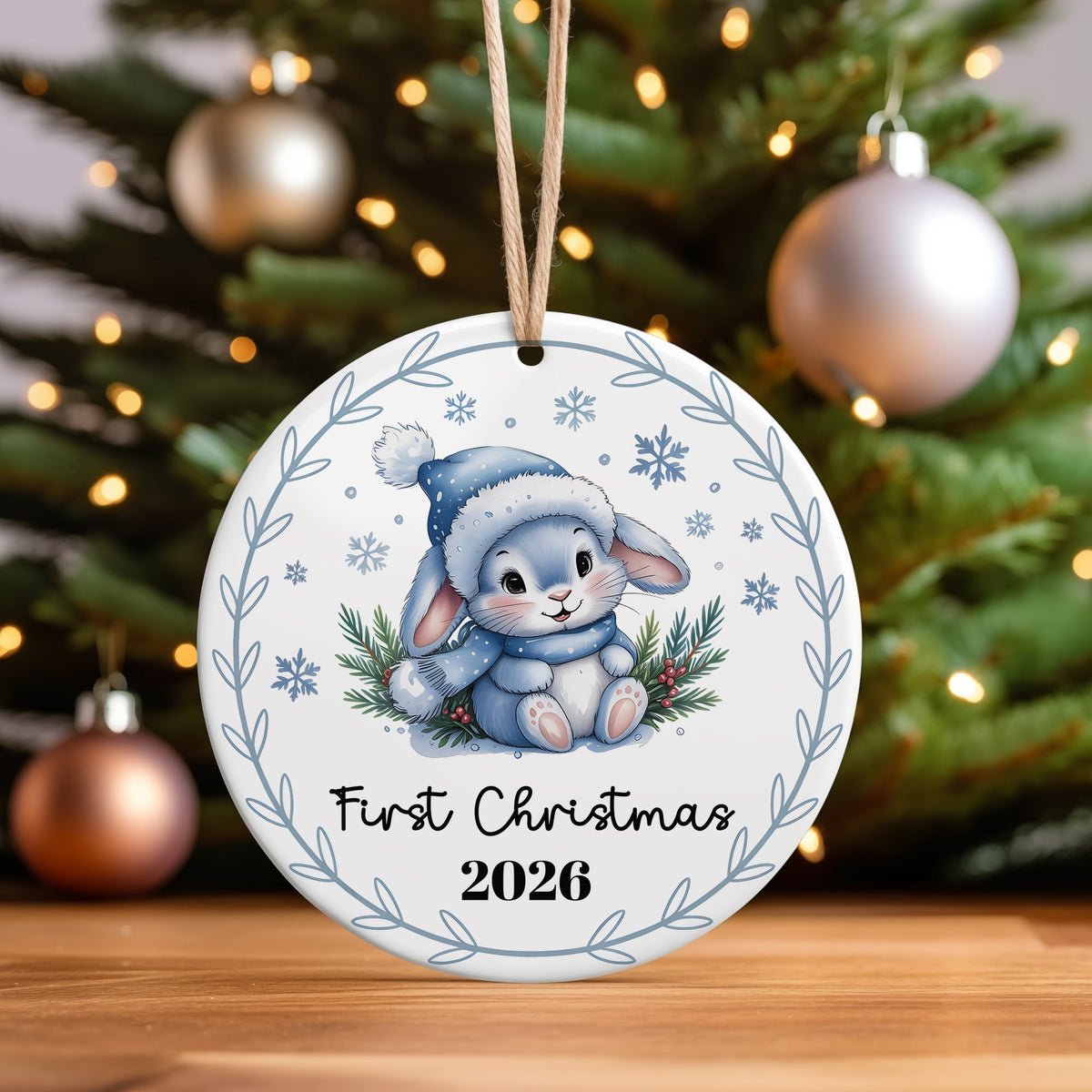 First Christmas Blue Bunny – Ceramic Hanging Decoration, personalised with your own text