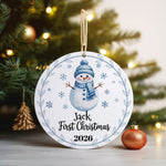 First Christmas Snowman – Ceramic Hanging Decoration, personalised with your own text