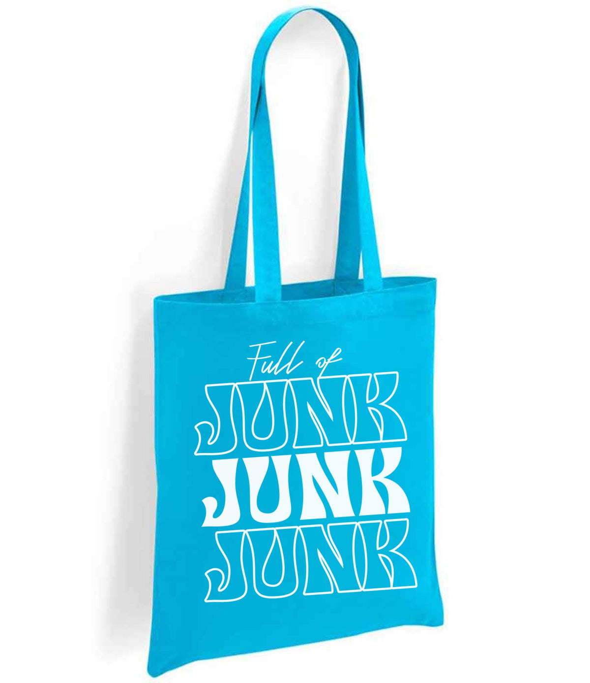 Full of JUNK JUNK JUNK tote bag in turquoise blue