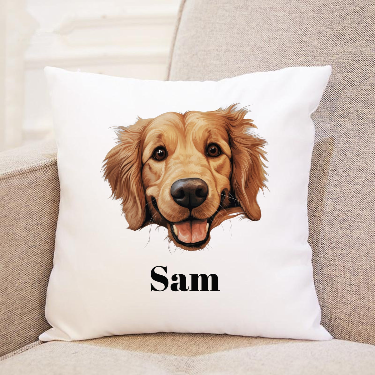 Customisable Golden Retriever Face – Cushion, personalised with your own text