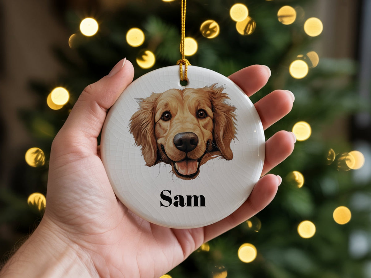 Customisable Golden Retriever Face – Ceramic Hanging Decoration, personalised with your own text