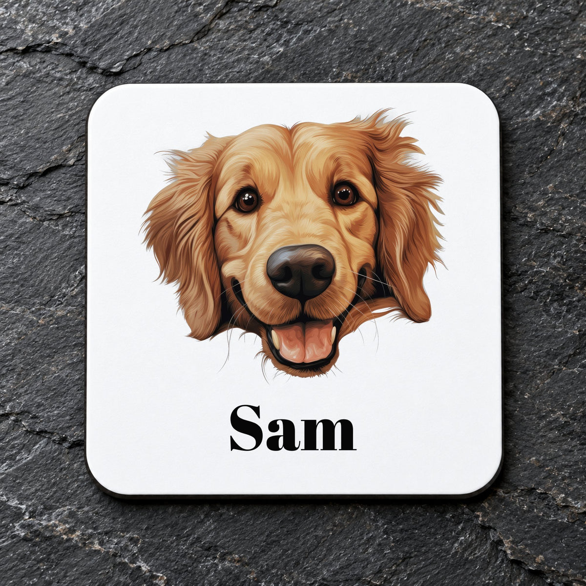 Customisable Golden Retriever Face – Coaster, personalised with your own text