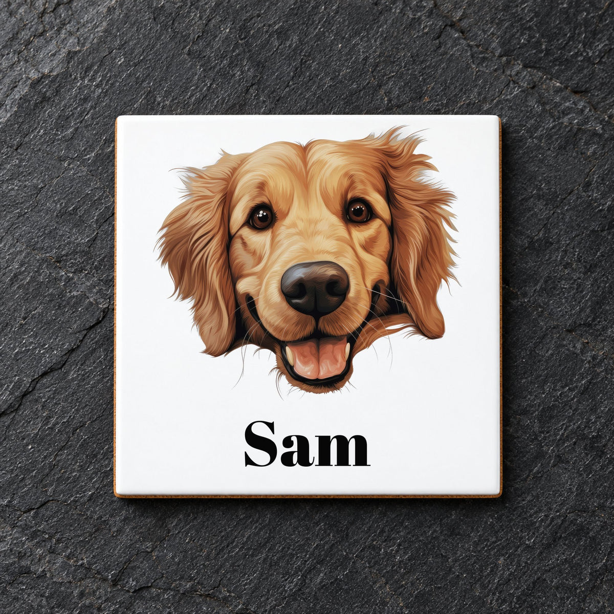 Customisable Golden Retriever Face – Ceramic Coaster, personalised with your own text