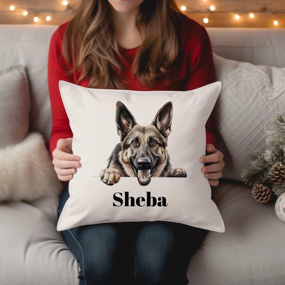 Customisable Happy German Shepherd – Cushion, personalised with your own text
