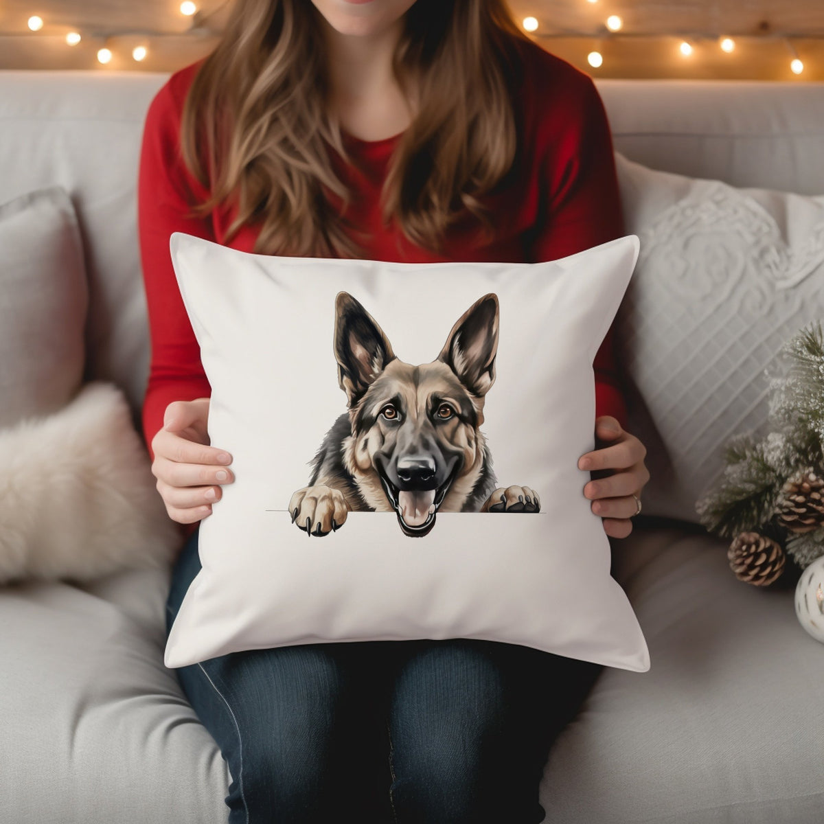 Happy German Shepherd cushion in white