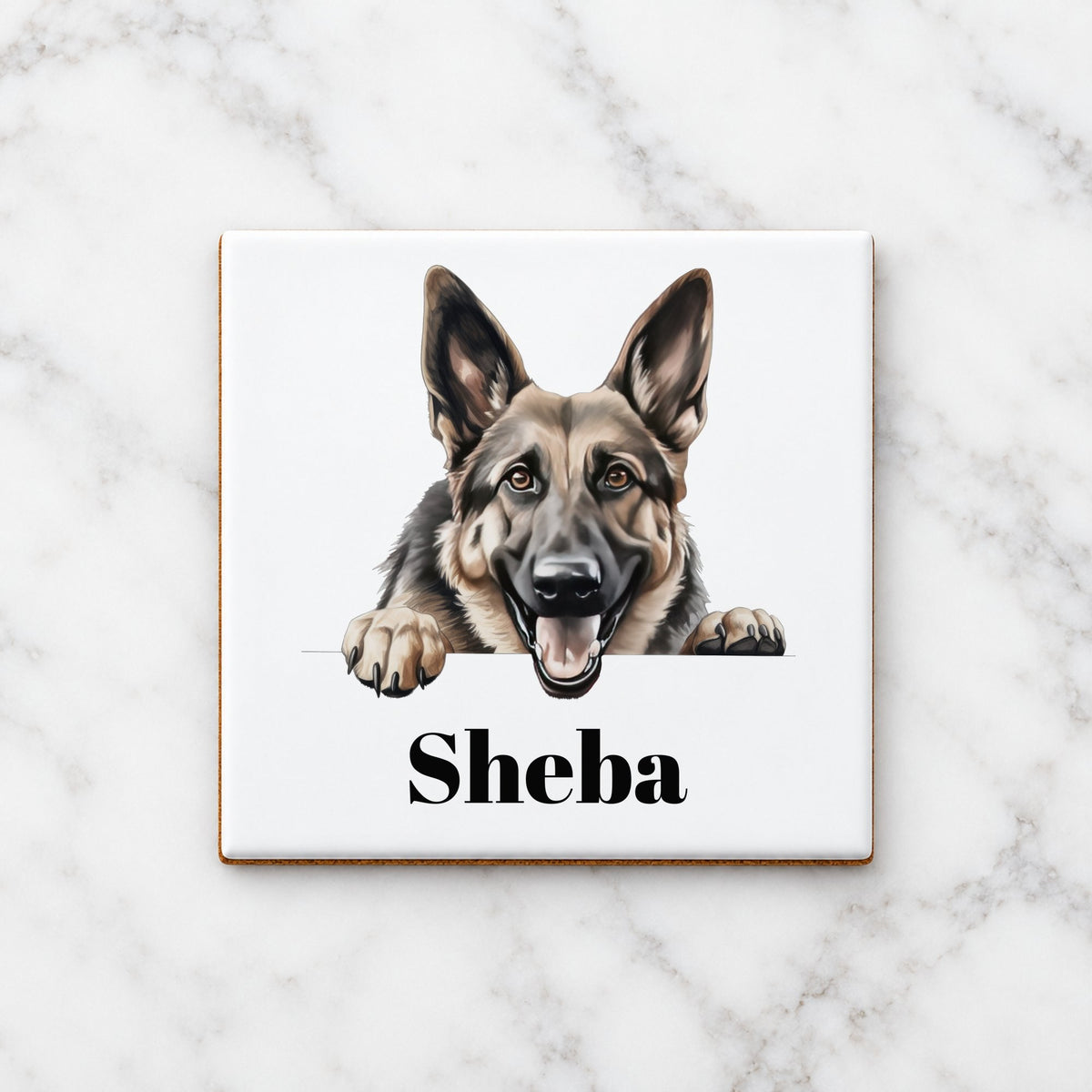 Customisable Happy German Shepherd – Ceramic Coaster, personalised with your own text