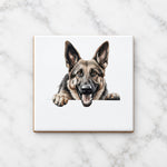 Happy German Shepherd ceramic coaster in white