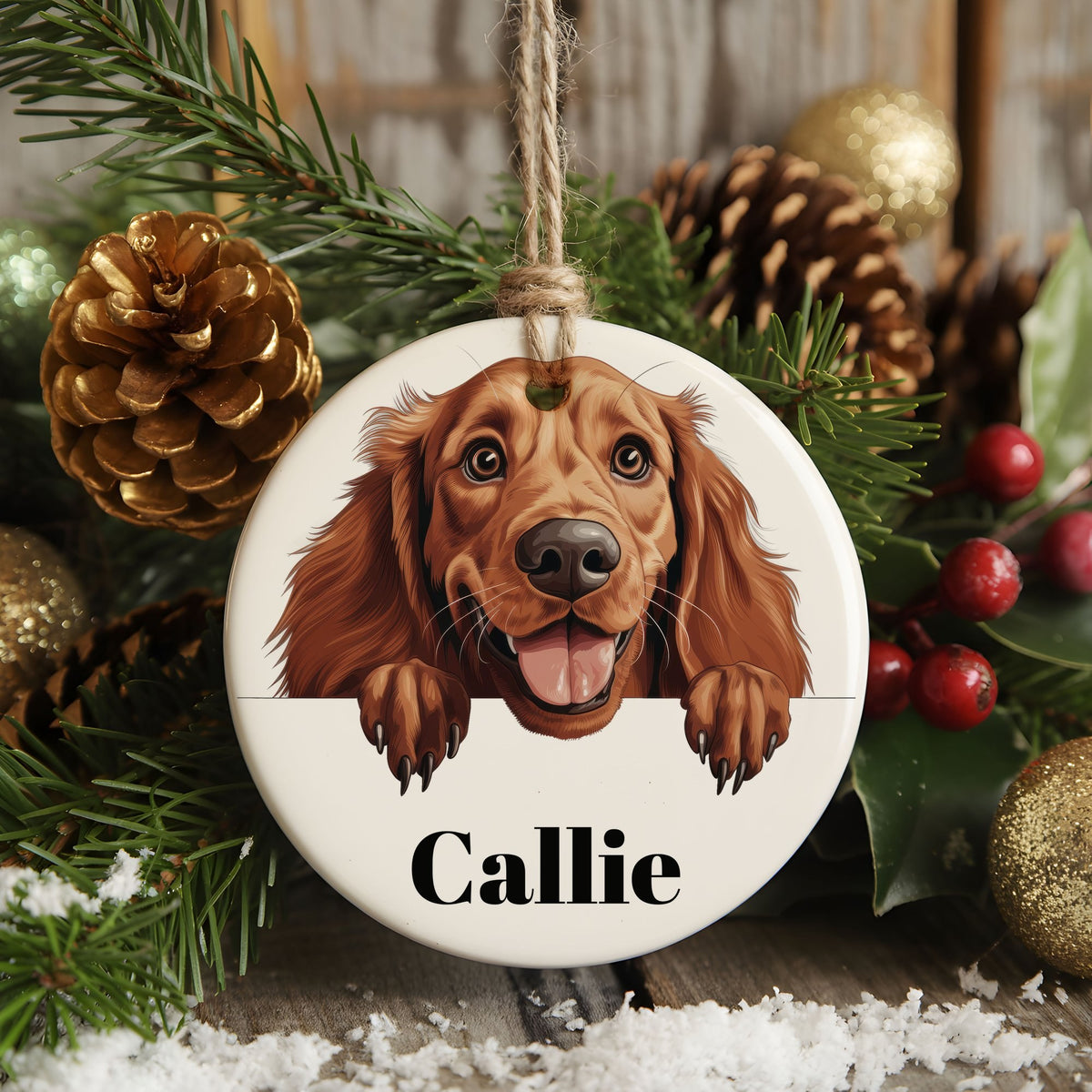 Customisable Happy Irish Setter – Ceramic Hanging Decoration, personalised with your own text