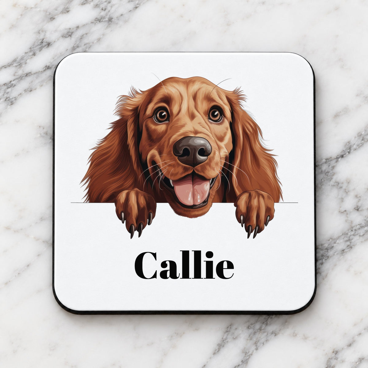 Customisable Happy Irish Setter – Coaster, personalised with your own text