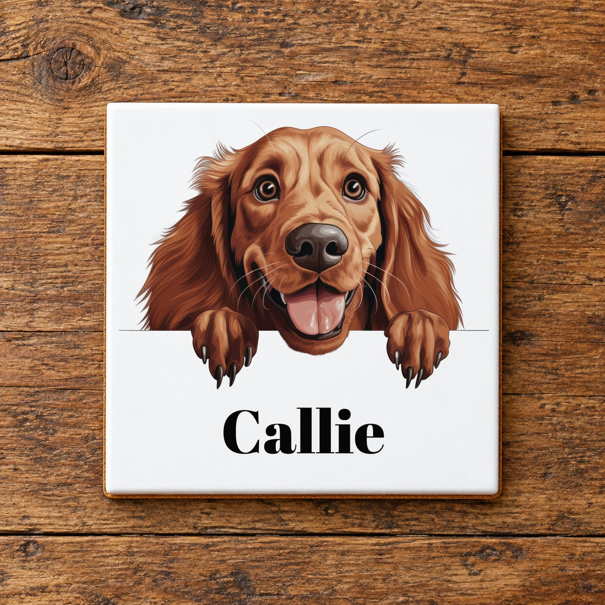 Customisable Happy Irish Setter – Ceramic Coaster, personalised with your own text