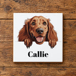 Customisable Happy Irish Setter – Ceramic Coaster, personalised with your own text