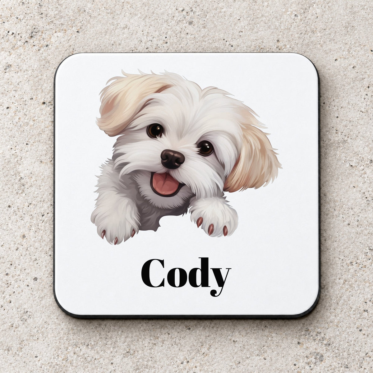 Customisable Happy Maltese Dog – Coaster, personalised with your own text