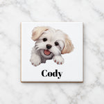 Customisable Happy Maltese Dog – Ceramic Coaster, personalised with your own text