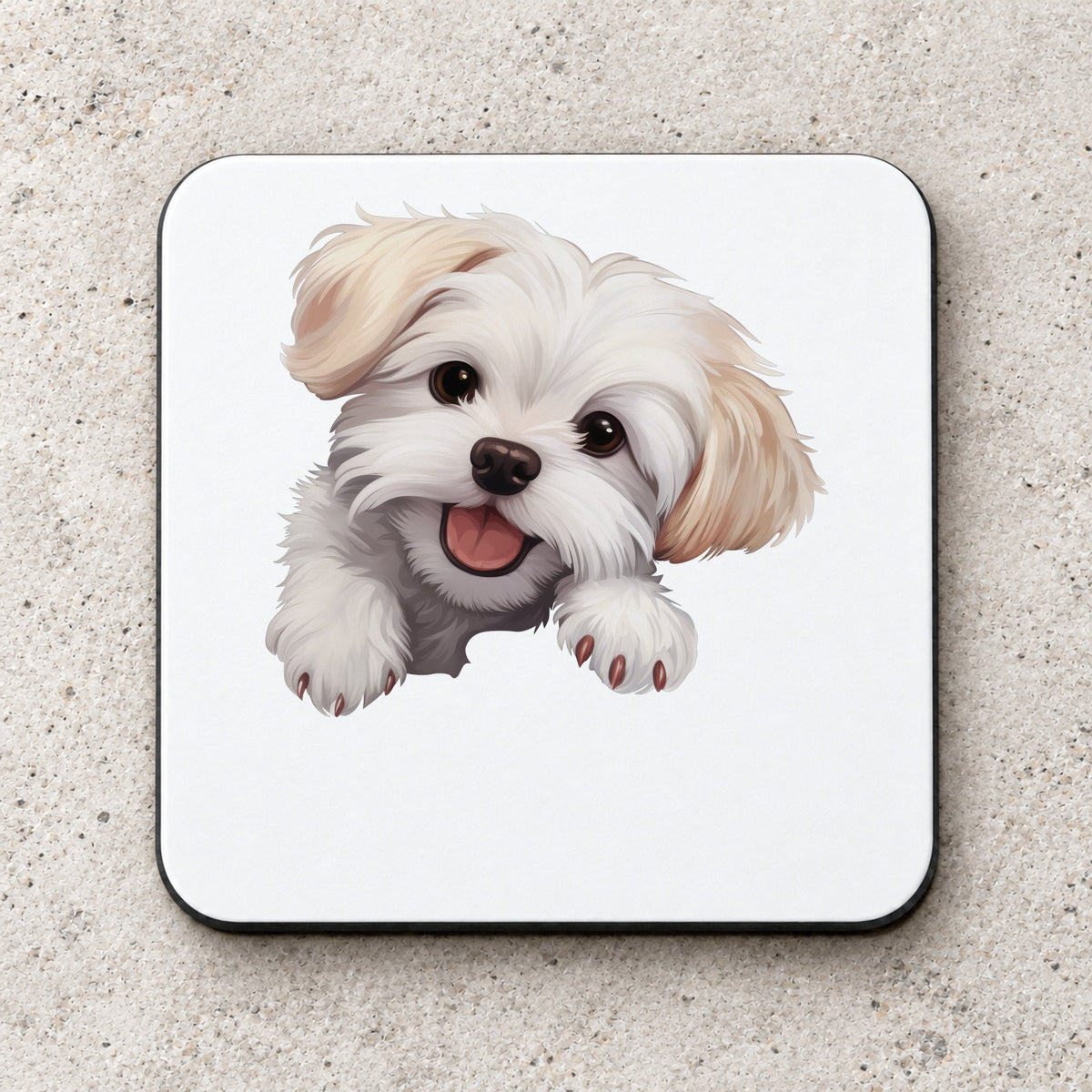 Happy Maltese Dog coaster in white