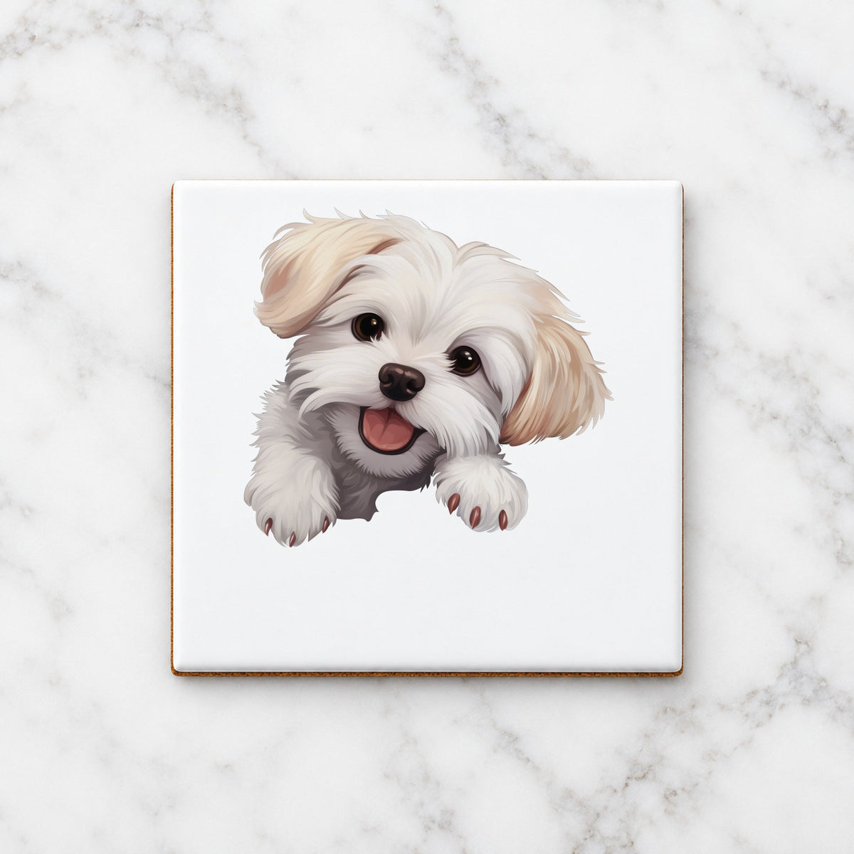 Happy Maltese Dog ceramic coaster in white