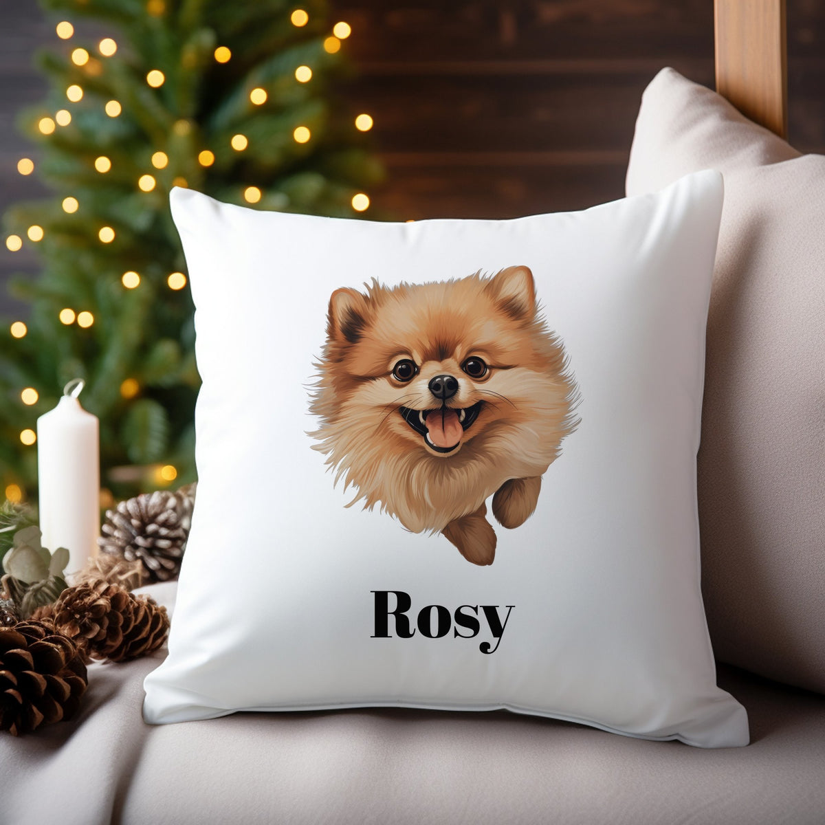 Customisable Happy Pomeranian – Cushion, personalised with your own text