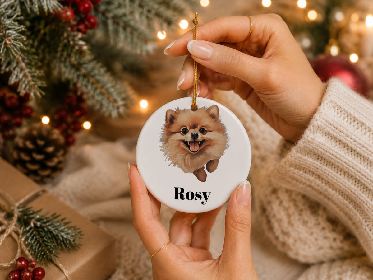 Customisable Happy Pomeranian – Ceramic Hanging Decoration, personalised with your own text
