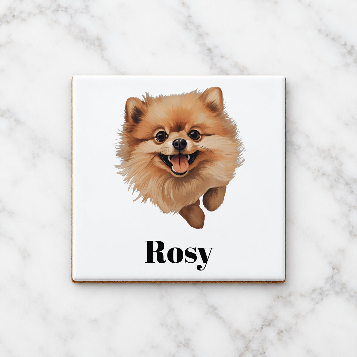 Customisable Happy Pomeranian – Ceramic Coaster, personalised with your own text