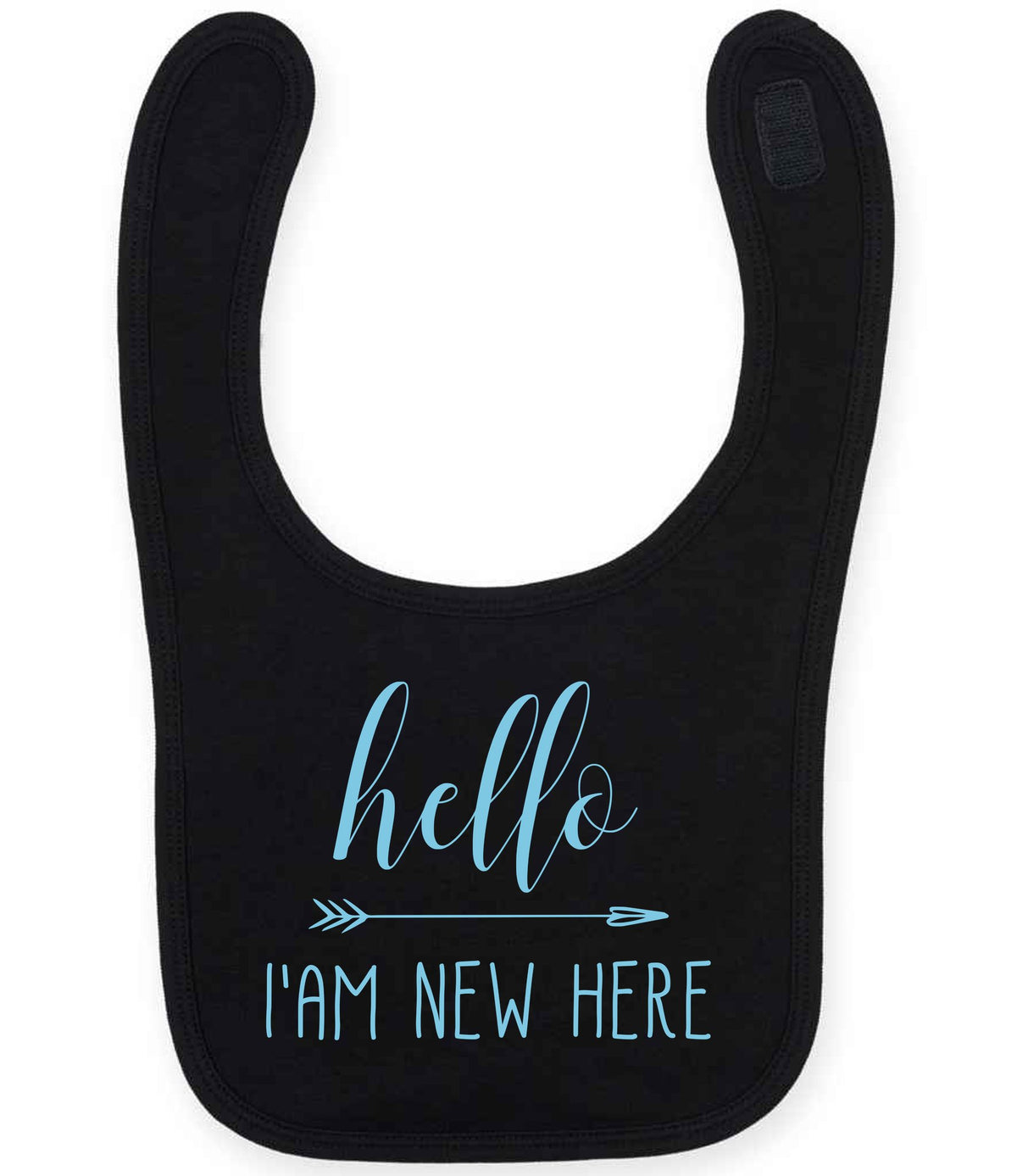 Hello I'AM NEW HERE – Larkwood Baby/Toddler Bib in Black with Baby Blue vinyl