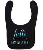 Hello I'AM NEW HERE – Larkwood Baby/Toddler Bib in Black with Baby Blue vinyl
