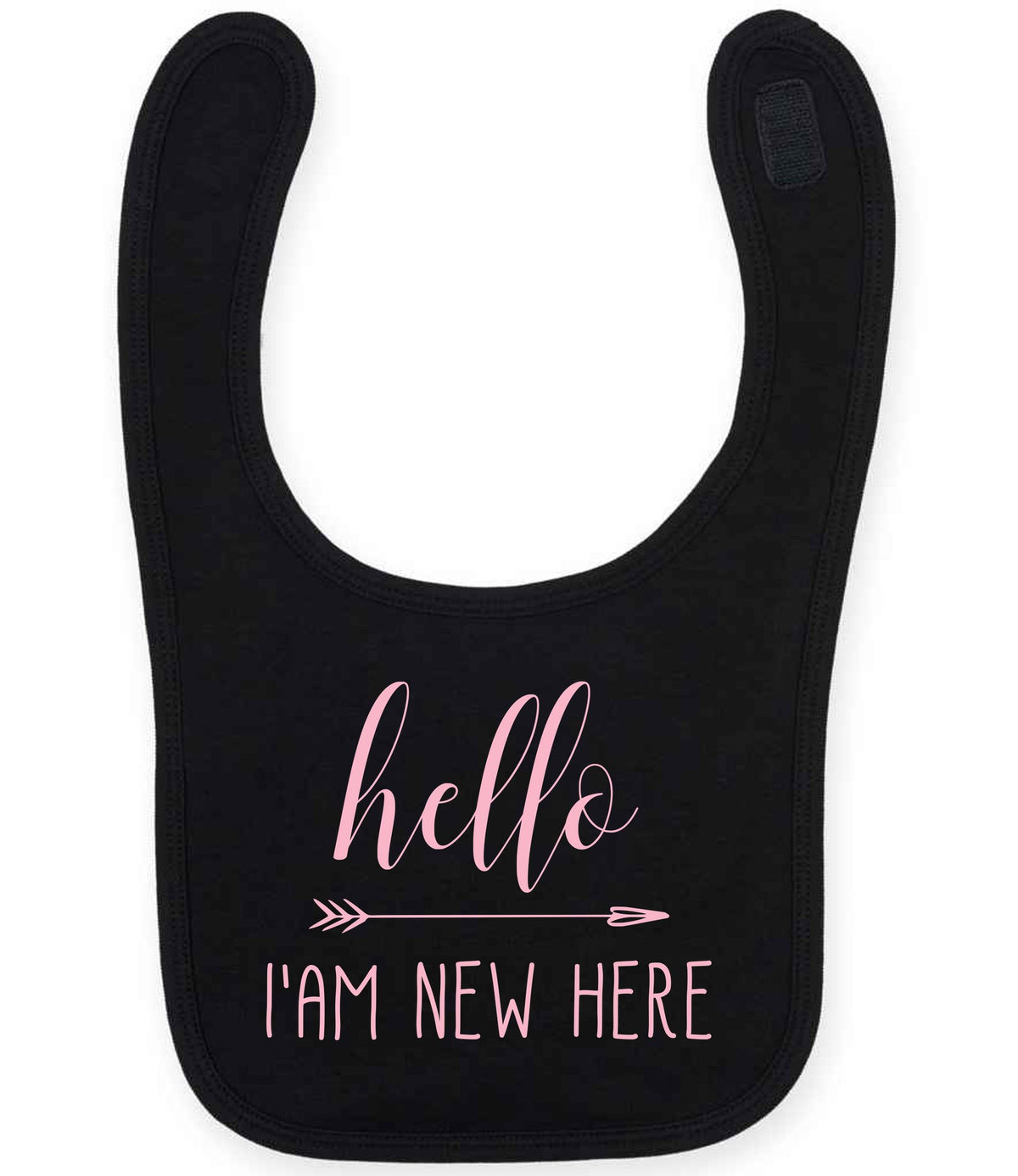 Hello I'AM NEW HERE – Larkwood Baby/Toddler Bib in Black with Baby Pink vinyl