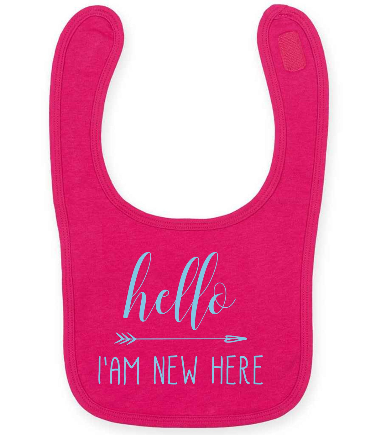Hello I'AM NEW HERE – Larkwood Baby/Toddler Bib in Fuchsia with Baby Blue vinyl