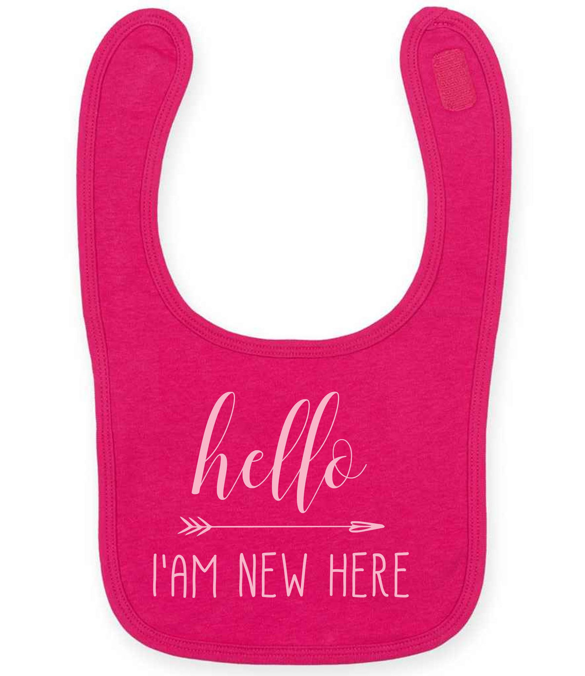 Hello I'AM NEW HERE – Larkwood Baby/Toddler Bib in Fuchsia with Baby Pink vinyl