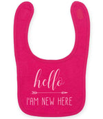 Hello I'AM NEW HERE – Larkwood Baby/Toddler Bib in Fuchsia with Baby Pink vinyl