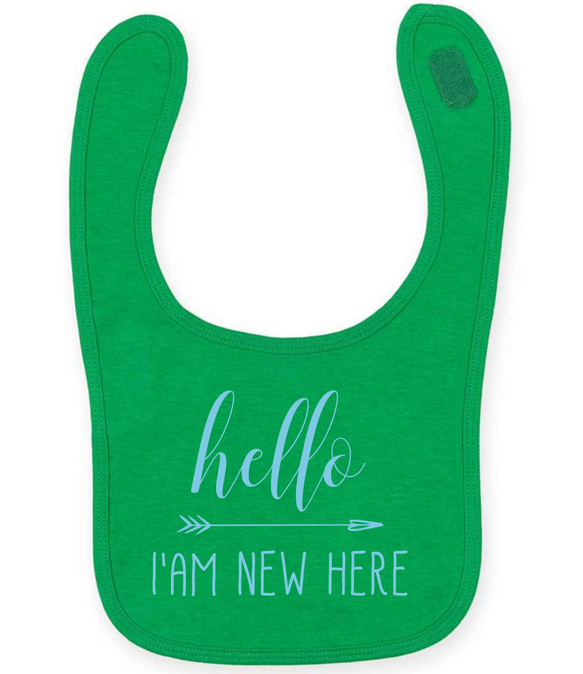 Hello I'AM NEW HERE – Larkwood Baby/Toddler Bib in Kelly Green with Baby Blue vinyl