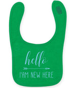 Hello I'AM NEW HERE – Larkwood Baby/Toddler Bib in Kelly Green with Baby Blue vinyl