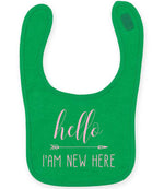 Hello I'AM NEW HERE – Larkwood Baby/Toddler Bib in Kelly Green with Baby Pink vinyl