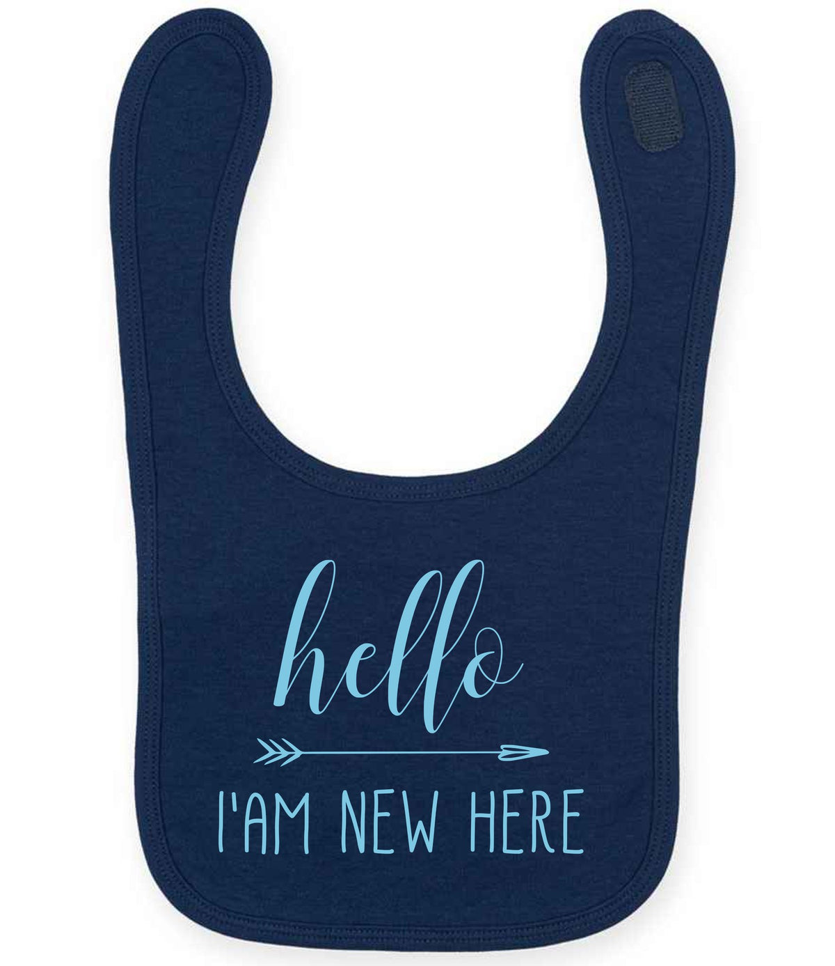 Hello I'AM NEW HERE – Larkwood Baby/Toddler Bib in Navy with Baby Blue vinyl
