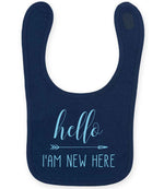 Hello I'AM NEW HERE – Larkwood Baby/Toddler Bib in Navy with Baby Blue vinyl