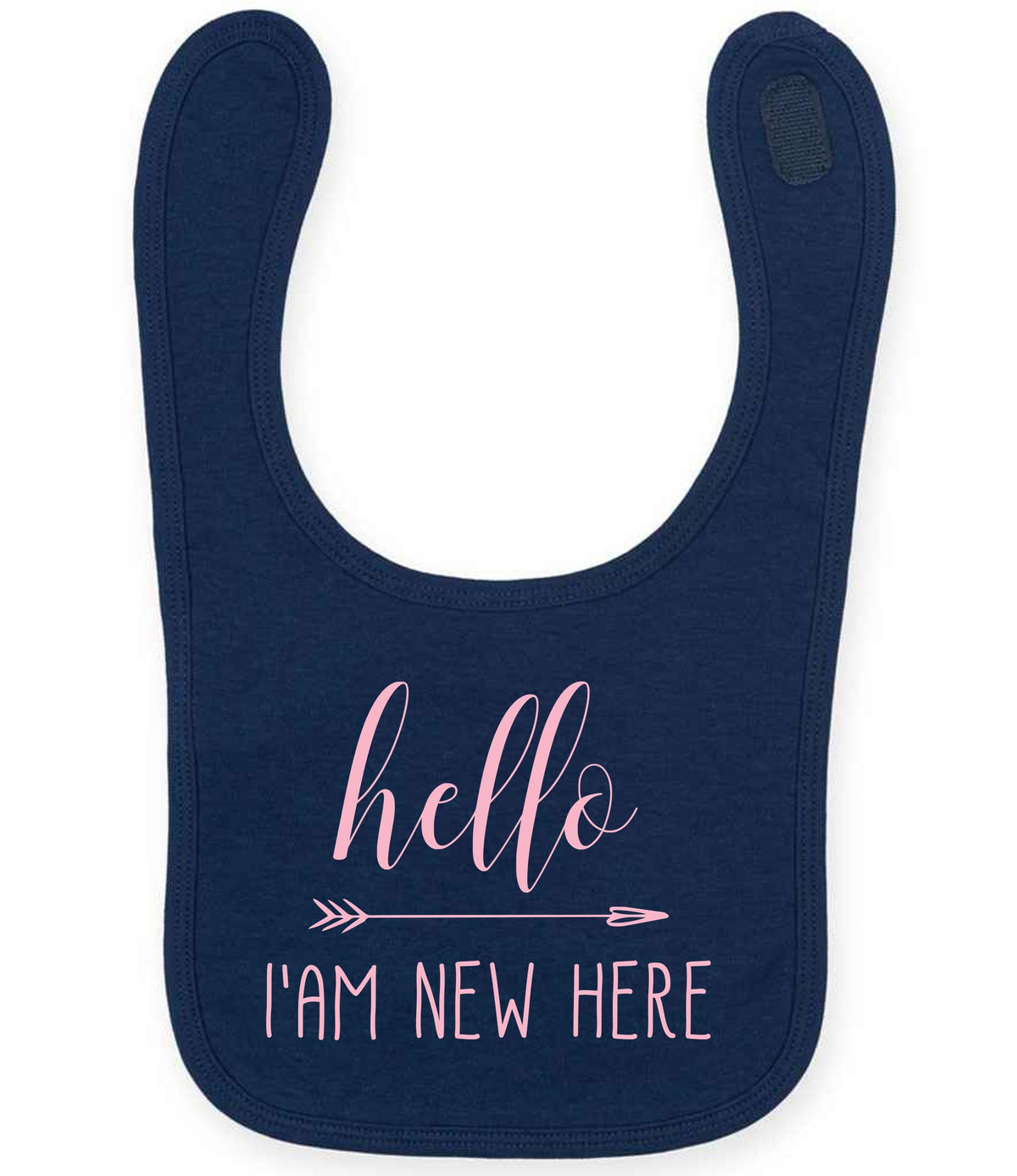 Hello I'AM NEW HERE – Larkwood Baby/Toddler Bib in Navy with Baby Pink vinyl