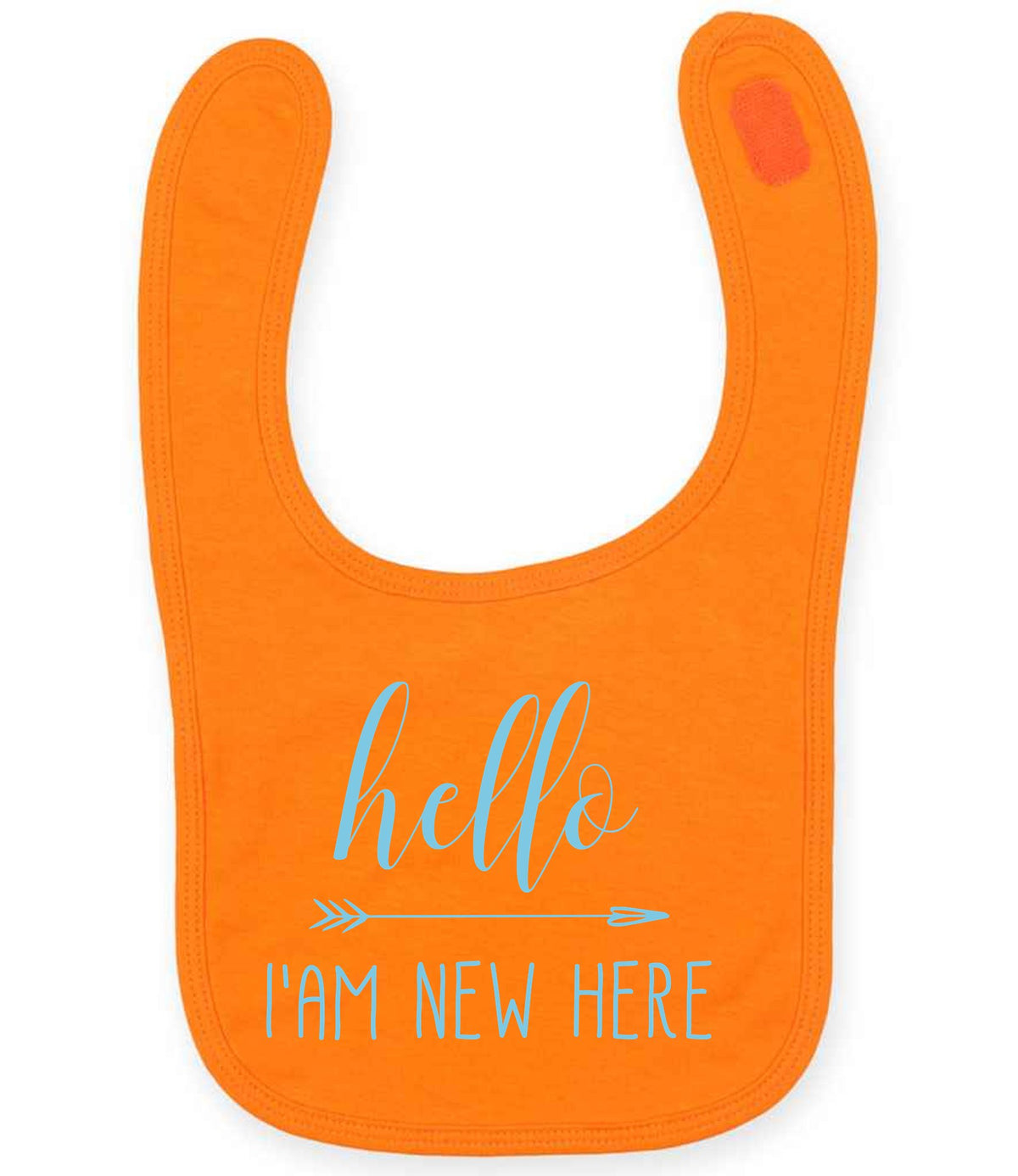 Hello I'AM NEW HERE – Larkwood Baby/Toddler Bib in Orange with Baby Blue vinyl