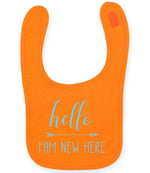 Hello I'AM NEW HERE – Larkwood Baby/Toddler Bib in Orange with Baby Blue vinyl