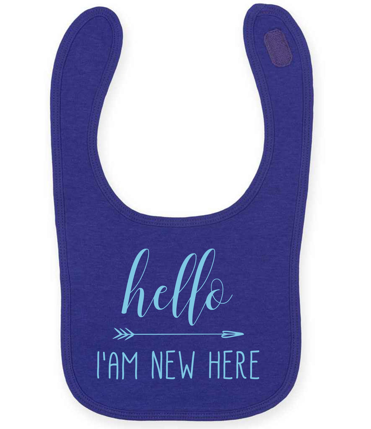 Hello I'AM NEW HERE – Larkwood Baby/Toddler Bib in Purple with Baby Blue vinyl