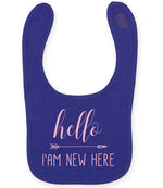 Hello I'AM NEW HERE – Larkwood Baby/Toddler Bib in Purple with Baby Pink vinyl