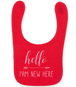 Hello I'AM NEW HERE – Larkwood Baby/Toddler Bib in Red with Baby Pink vinyl